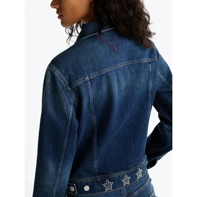 Veste en jean Tommy Jeans femme bleue DW0DW19868-1BK, coupe trucker et détails ornés de pierres sur denim de coton
