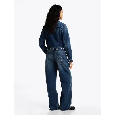 Veste en jean Tommy Jeans femme bleue DW0DW19868-1BK, coupe trucker et détails ornés de pierres sur denim de coton