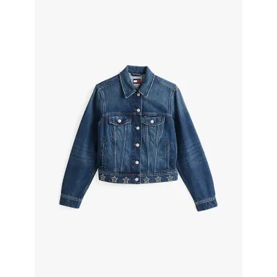 Veste en jean Tommy Jeans femme bleue DW0DW19868-1BK, coupe trucker et détails ornés de pierres sur denim de coton