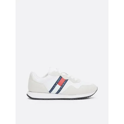 Baskets Tommy Jeans femme blanches EN0EN02510-YBS en cuir et daim, semelle mousse et logo latéral