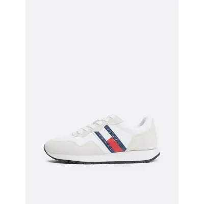 Baskets Tommy Jeans femme blanches EN0EN02510-YBS en cuir et daim, semelle mousse et logo latéral