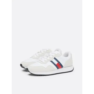 Baskets Tommy Jeans femme blanches EN0EN02510-YBS en cuir et daim, semelle mousse et logo latéral