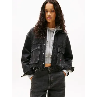 Veste en jean Tommy Jeans femme noire DW0DW20545-1BY, coupe oversize cropped, denim rigide 100 % coton et épaules tombantes