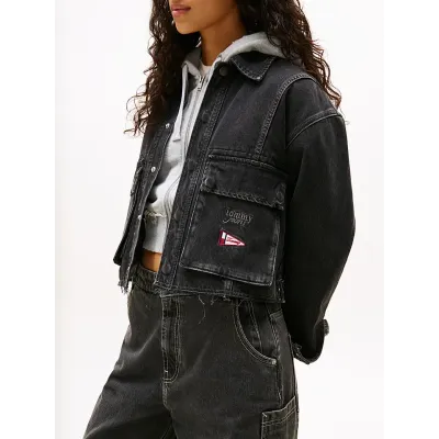 Veste en jean Tommy Jeans femme noire DW0DW20545-1BY, coupe oversize cropped, denim rigide 100 % coton et épaules tombantes