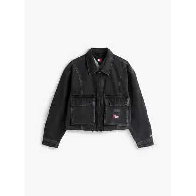 Veste en jean Tommy Jeans femme noire DW0DW20545-1BY, coupe oversize cropped, denim rigide 100 % coton et épaules tombantes