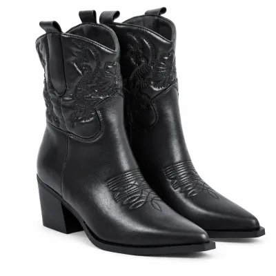 Bottines western femme noires Seline à bout pointu S-LJW-6-N