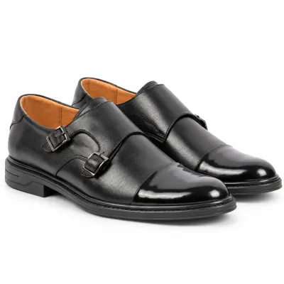 Chaussures de ville homme MAXIMS SHOES MX-209-N noires en cuir, à double boucle métallique
