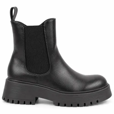 Bottines noires pour femme S-PDW-67-N avec semelle crantée épaisse, fermeture éclair latérale et empiècement élastiqué