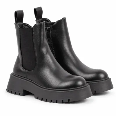 Bottines noires pour femme S-PDW-67-N avec semelle crantée épaisse, fermeture éclair latérale et empiècement élastiqué