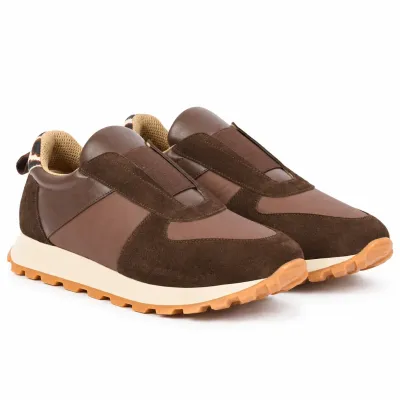 Baskets femme Pas à Pas PP-X3-M en cuir marron avec empiècements contrastés et semelle extérieure en caoutchouc