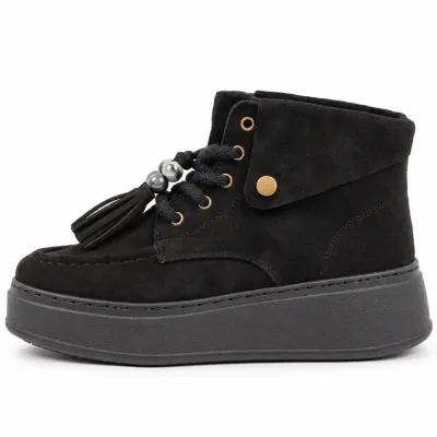 Bottines montantes noires pour femme BBK10-N à lacets avec pompons décoratifs et plateau épais de 4 cm