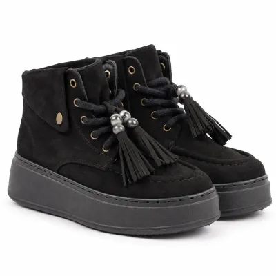 Bottines montantes noires pour femme BBK10-N à lacets avec pompons décoratifs et plateau épais de 4 cm