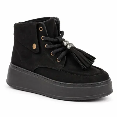 Bottines montantes noires pour femme BBK10-N à lacets avec pompons décoratifs et plateau épais de 4 cm