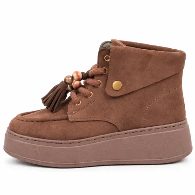 Bottines montantes marron pour femme BBK10-M avec lacets, pompons décoratifs et semelle épaisse à plateau de 4 cm