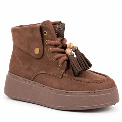 Bottines montantes marron pour femme BBK10-M avec lacets, pompons décoratifs et semelle épaisse à plateau de 4 cm