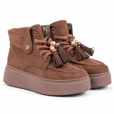 Bottines montantes marron pour femme BBK10-M avec lacets, pompons décoratifs et semelle épaisse à plateau de 4 cm