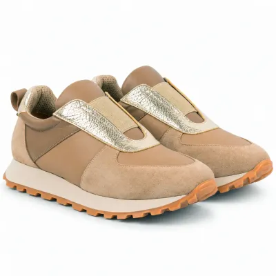 Baskets femme Pas à Pas PP-X3-TP en cuir taupe avec empiècements contrastés et semelle extérieure en caoutchouc