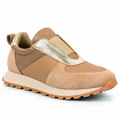 Baskets femme Pas à Pas PP-X3-TP en cuir taupe avec empiècements contrastés et semelle extérieure en caoutchouc