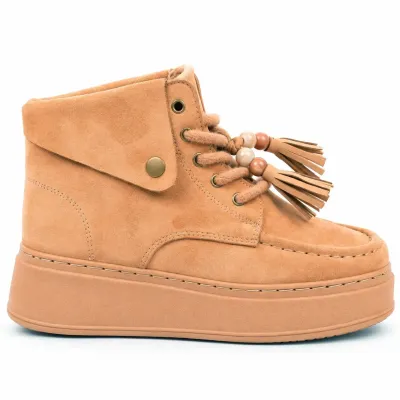 Bottines montantes taupe pour femme BBK10-TP avec lacets, pompons décoratifs et plateau épais de 4 cm