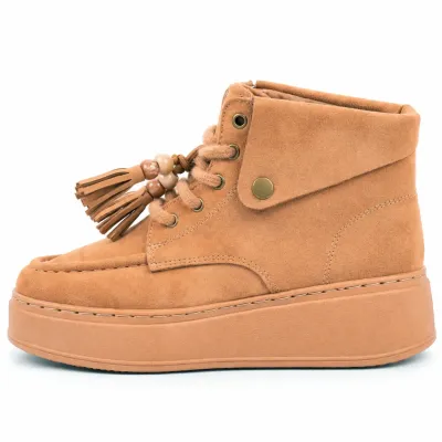 Bottines montantes taupe pour femme BBK10-TP avec lacets, pompons décoratifs et plateau épais de 4 cm