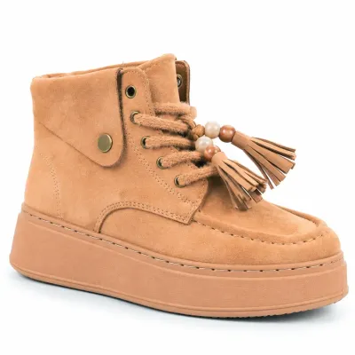 Bottines montantes taupe pour femme BBK10-TP avec lacets, pompons décoratifs et plateau épais de 4 cm
