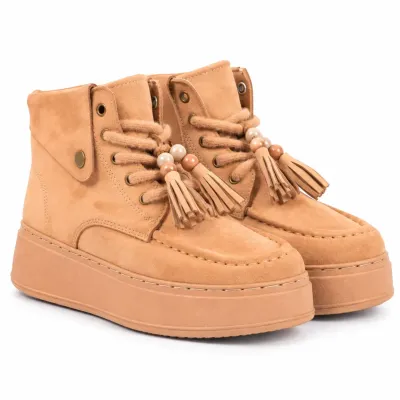 Bottines montantes taupe pour femme BBK10-TP avec lacets, pompons décoratifs et plateau épais de 4 cm