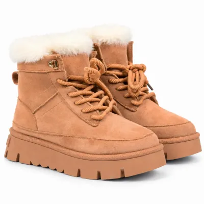 Bottines femme camel S-SK-18-C à lacets, avec revers en fausse fourrure