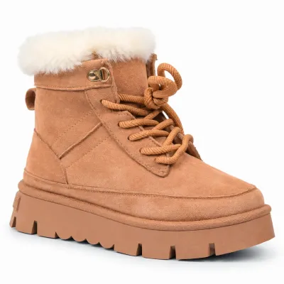 Bottines femme camel S-SK-18-C à lacets, avec revers en fausse fourrure