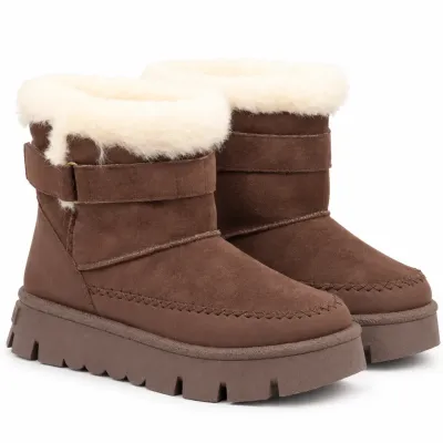 Bottines femme marron S-SK-19-M à scratch, avec revers en fausse fourrure claire