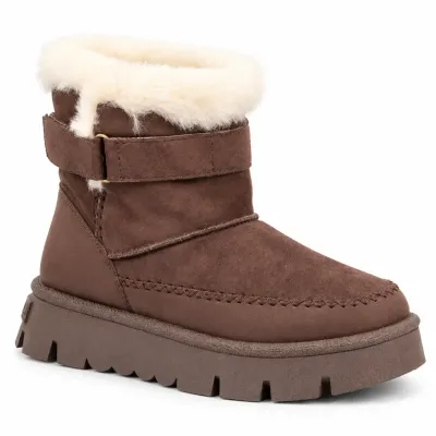 Bottines femme marron S-SK-19-M à scratch, avec revers en fausse fourrure claire