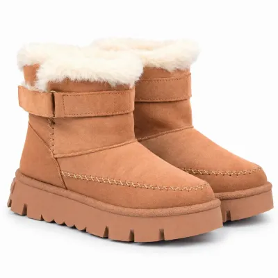 Bottines femme camel S-SK-19-C à scratch, avec revers en fausse fourrure claire