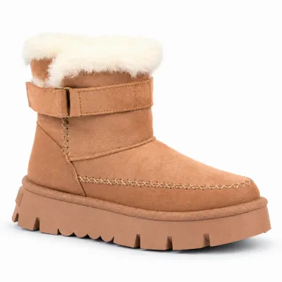 Bottines femme camel S-SK-19-C à scratch, avec revers en fausse fourrure claire