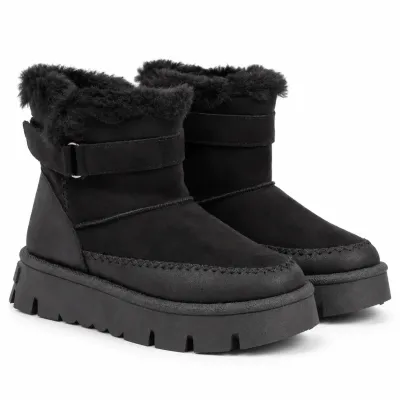 Bottines femme noires S-SK-19-N à scratch, avec revers en fausse fourrure claire