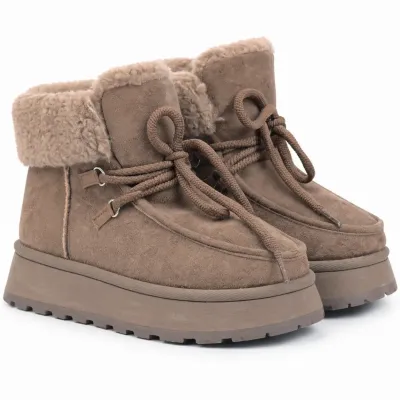 Bottines femme kaki S-SK-41-K à lacets, avec revers en fausse fourrure
