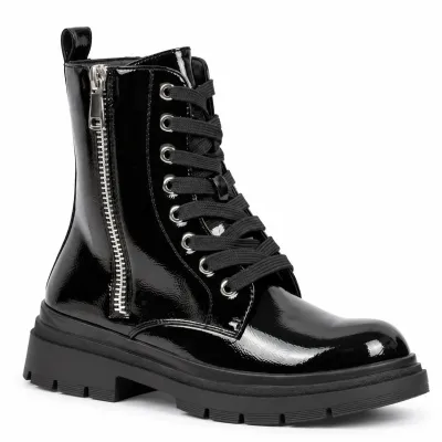 Bottines femme noires vernies S-60191-6-NV à lacets, avec zip latéral argenté