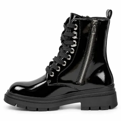 Bottines femme noires vernies S-60191-6-NV à lacets, avec zip latéral argenté