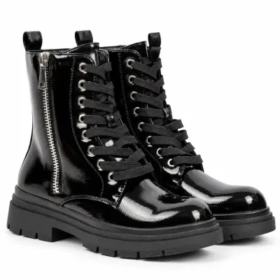 Bottines femme noires vernies S-60191-6-NV à lacets, avec zip latéral argenté