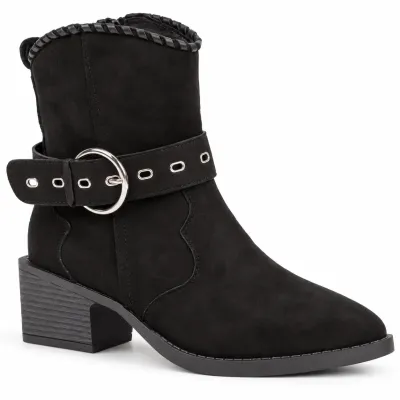 Bottines femme noires S-513-N avec talon de 5,5 cm, bride à boucle métallique argentée