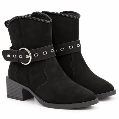 Bottines femme noires S-513-N avec talon de 5,5 cm, bride à boucle métallique argentée