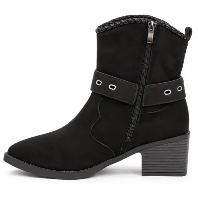 Bottines femme noires S-513-N avec talon de 5,5 cm, bride à boucle métallique argentée