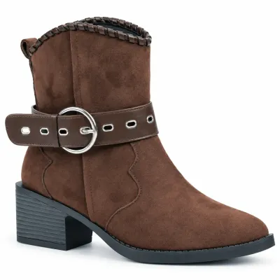 Bottines femme marron S-513-M en matière synthétique bride à boucle métallique argentée