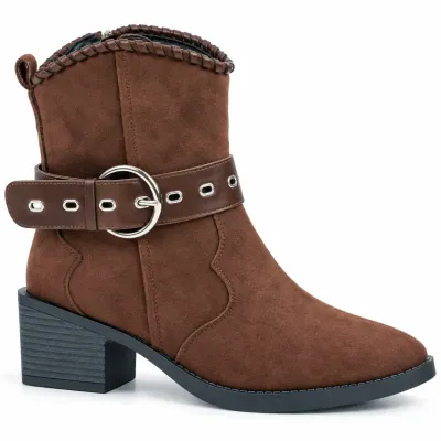 Bottines femme marron S-513-M en matière synthétique bride à boucle métallique argentée
