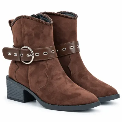 Bottines femme marron S-513-M en matière synthétique bride à boucle métallique argentée
