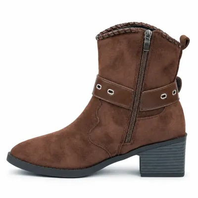 Bottines femme marron S-513-M en matière synthétique bride à boucle métallique argentée