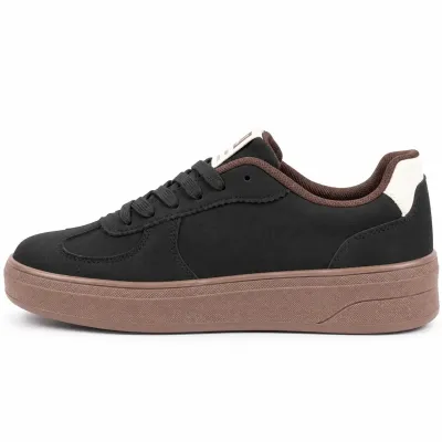 Baskets femme noires en matière synthétique aspect daim, modèle à lacets avec semelle épaisse en caoutchouc