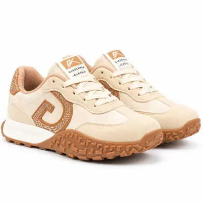 Baskets femme beige et camel en matière synthétique