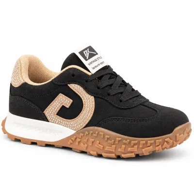 Baskets femme noires en matière synthétique aspect daim, modèle à lacets avec détails décoratifs