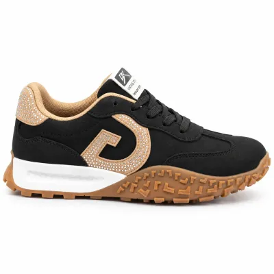 Baskets femme noires en matière synthétique aspect daim, modèle à lacets avec détails décoratifs