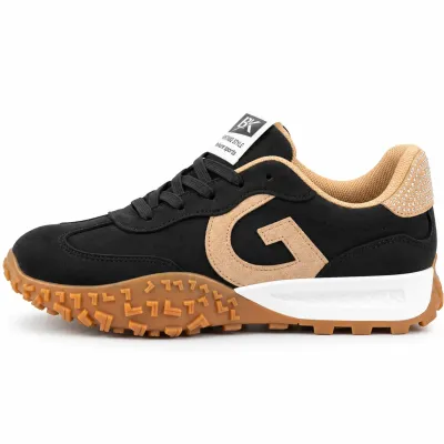 Baskets femme noires en matière synthétique aspect daim, modèle à lacets avec détails décoratifs