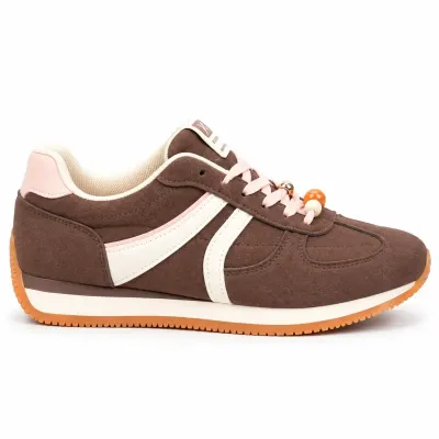 Baskets femme marron en matière synthétique, modèle à lacets avec détails décoratifs